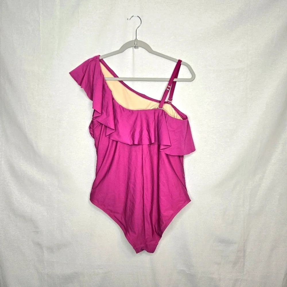 Kona Sol one Shoulder, Ruffle, One Piece Swimsuit. Pink, 14